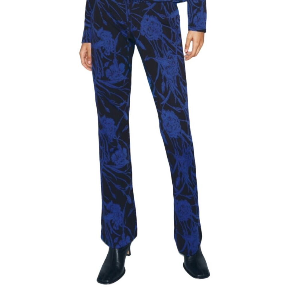 Zara Flared Pants High Floral Stretch Elastic Waist Black Blue Small NWOT